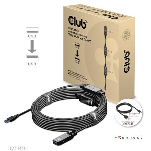 Club 3D USB TYPE A GEN 1 ACTIVE REPEATER CABLE 15METER / 49.2FT SUPPORTS UP TO 5Gbps