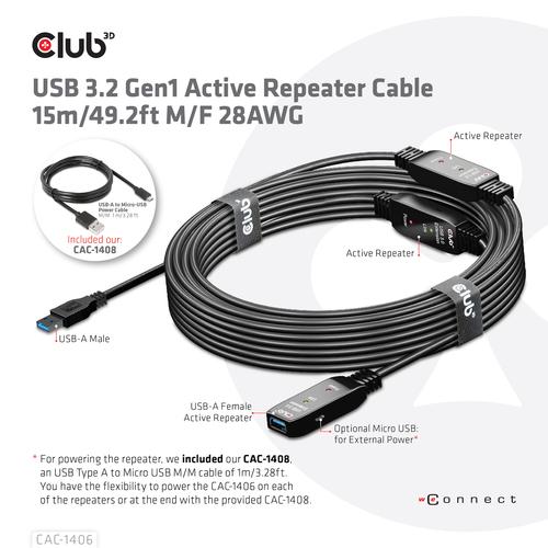 Club 3D USB TYPE A GEN 1 ACTIVE REPEATER CABLE 15METER / 49.2FT SUPPORTS UP TO 5Gbps