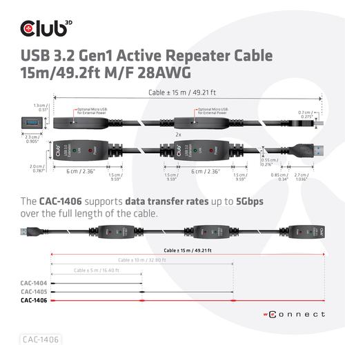 Club 3D USB TYPE A GEN 1 ACTIVE REPEATER CABLE 15METER / 49.2FT SUPPORTS UP TO 5Gbps