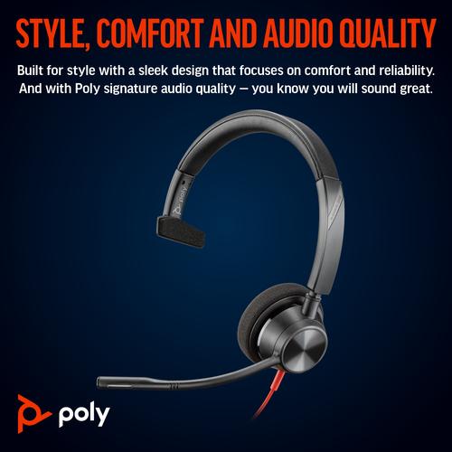 HP Poly Blackwire 3310 Monaural Microsoft Teams Certified USB-C Headset + USB-C/A adapter