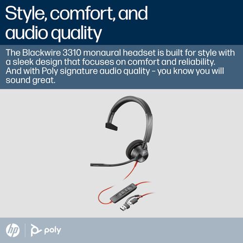 HP Poly Blackwire 3310 Monaural Microsoft Teams Certified USB-C Headset + USB-C/A adapter