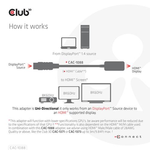 Club 3D DisplayPort 1.4 to HDMI 4K120Hz/8K60Hz HDR Active adapter M/F