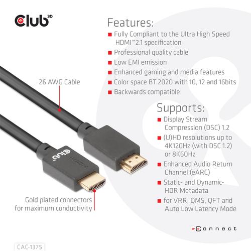 Club 3D HDMI 2.1 MALE TO HDMI 2.1 MALE ULTRA HIGH SPEED 4K 120Hz 8K60HZ  5m