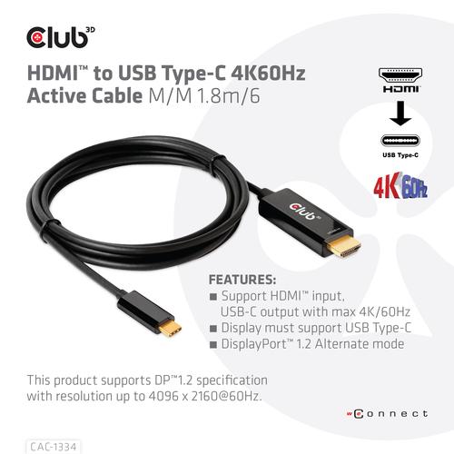 Club 3D HDMI-USB-C 4K60Hz Active Cable M/M 1.8m