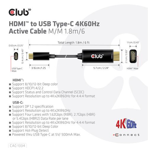 Club 3D HDMI-USB-C 4K60Hz Active Cable M/M 1.8m