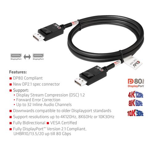 Club 3D DisplayPort 2.1 Bi-Directional VESA DP80 Certified Cable 4K120Hz 8K60Hz or 10K30Hz M/M 1.2m