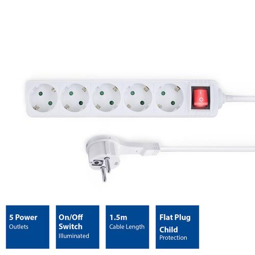 ACT Power Strip white with switch and flat plug 5 plugs German version (Germany Netherlands Denmark Finland Sweden Norway Austria)