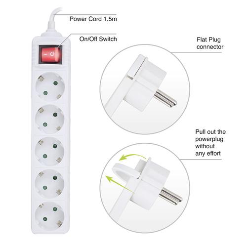 ACT Power Strip white with switch and flat plug 5 plugs German version (Germany Netherlands Denmark Finland Sweden Norway Austria)