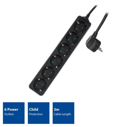 ACT Power Strip Black 6 plugs 3.0m German version (Germany Netherlands Denmark Finland Sweden Norway Austria)