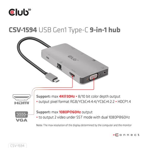 Club 3D USB GEN1 TYPE-C 9-IN-1 HUB WITH HDMI  VGA  2X  USB GEN1 TYPE-A  RJ45  SD/MICRO SD CARD SLOTS AND USB GEN1 TYPE-C FEMALEPORT
