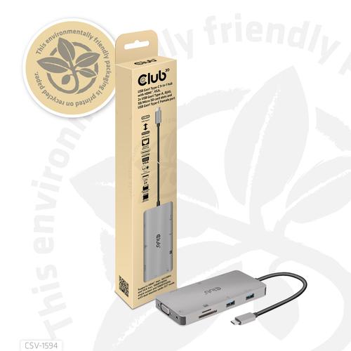 Club 3D USB GEN1 TYPE-C 9-IN-1 HUB WITH HDMI  VGA  2X  USB GEN1 TYPE-A  RJ45  SD/MICRO SD CARD SLOTS AND USB GEN1 TYPE-C FEMALEPORT