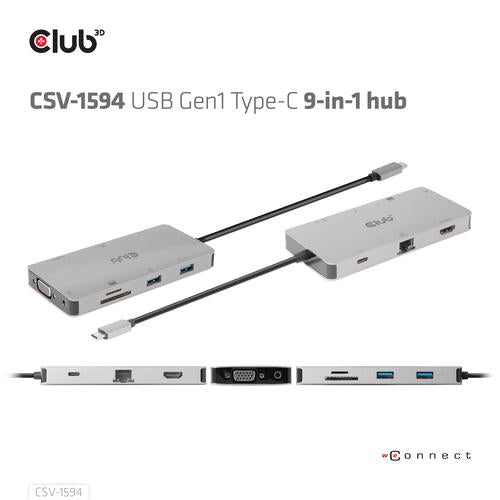 Club 3D USB GEN1 TYPE-C 9-IN-1 HUB WITH HDMI  VGA  2X  USB GEN1 TYPE-A  RJ45  SD/MICRO SD CARD SLOTS AND USB GEN1 TYPE-C FEMALEPORT