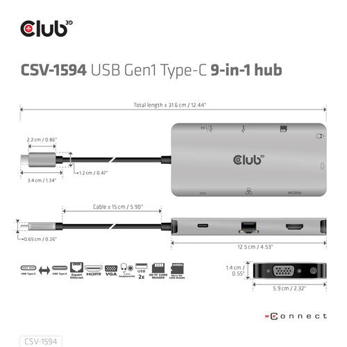 Club 3D USB GEN1 TYPE-C 9-IN-1 HUB WITH HDMI  VGA  2X  USB GEN1 TYPE-A  RJ45  SD/MICRO SD CARD SLOTS AND USB GEN1 TYPE-C FEMALEPORT