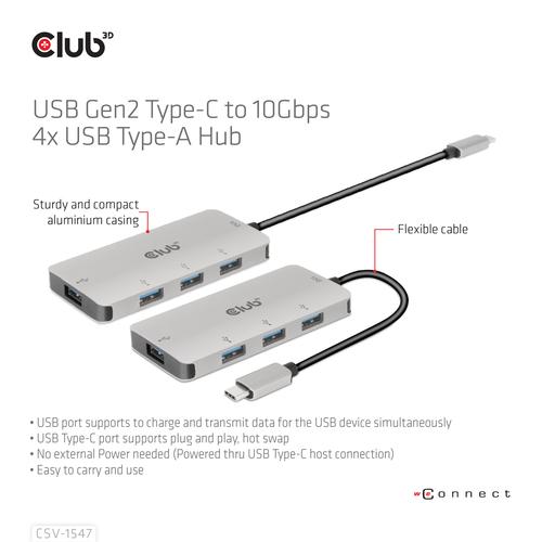 Club 3D USB GEN2 TYPE-C TO 10GBPS 4X USB TYPE-AALUMINIUM CASING HUB