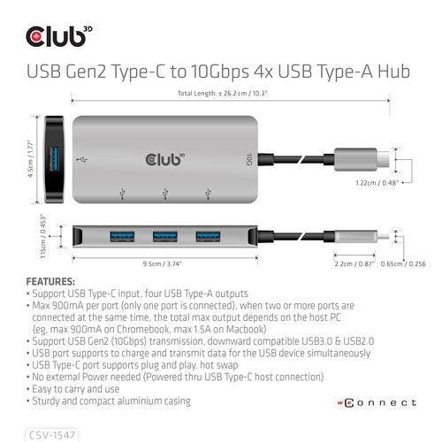 Club 3D USB GEN2 TYPE-C TO 10GBPS 4X USB TYPE-AALUMINIUM CASING HUB
