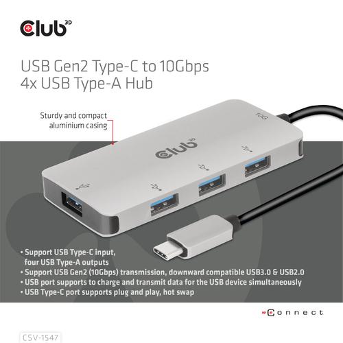 Club 3D USB GEN2 TYPE-C TO 10GBPS 4X USB TYPE-AALUMINIUM CASING HUB