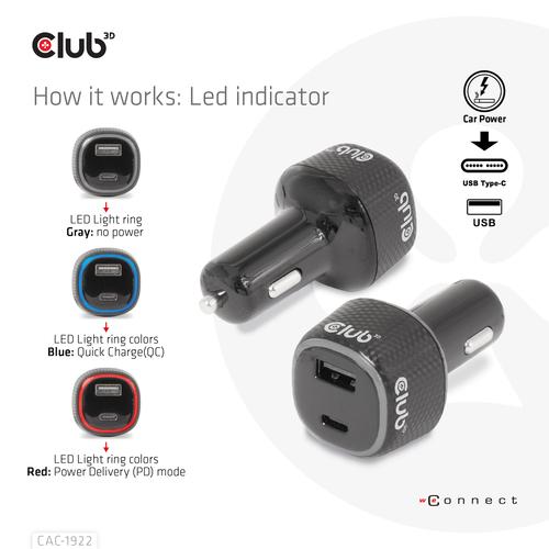 Club 3D Notebook / Laptop Power Car Charger 63 Watt/ 1USB A + 1USB C