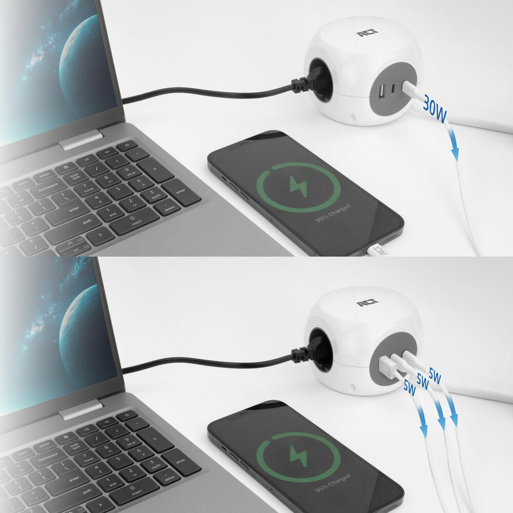 Power strip cube with 3 sockets (type F) 30W Power Delivery USB-C/A ports cablelength 1.5m