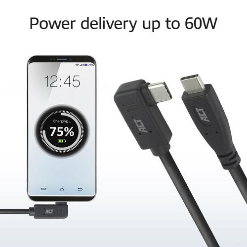 ACT USB 3.0 10Gbps 60W USB Type-C (recht) naar USB Type-C (haaks links/rechts) kabel, 0,5 meter