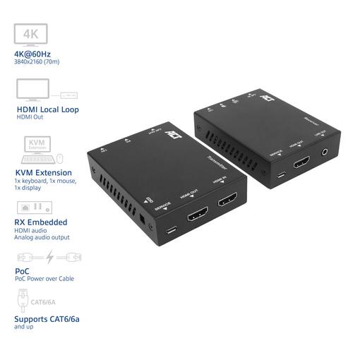 ACT 4K HDMI 2.0 KVM extender set over CAT6A, tot 70 meter