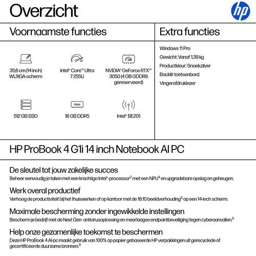 HP ProBook 4 P4G1i14 U7 255U 14 16GB/512 PC NL Intel Core Ultra 7 Laptop 35,6 cm (14