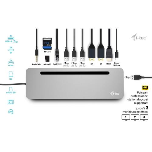 i-tec USB-C Metal Ergonomic 4K 3x Display Docking Station with PD 100W + i-tec Universal Charger 100W (bundle)