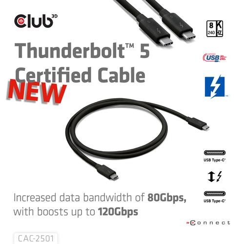 CLUB3D Thunderbolt™ 5 Gecertificeerd 8K240Hz 80/120 Gbps EPR 240 Watt Kabel M/M 1m