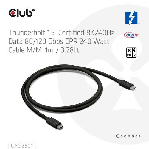 CLUB3D Thunderbolt™ 5 Gecertificeerd 8K240Hz 80/120 Gbps EPR 240 Watt Kabel M/M 1m