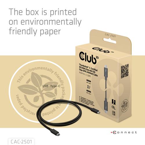 CLUB3D Thunderbolt™ 5 Gecertificeerd 8K240Hz 80/120 Gbps EPR 240 Watt Kabel M/M 1m