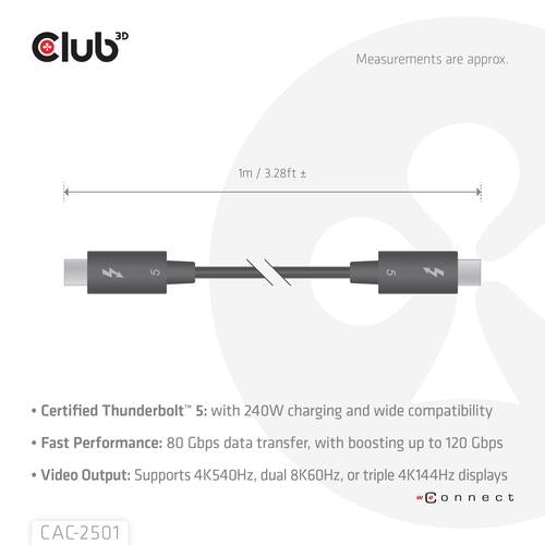CLUB3D Thunderbolt™ 5 Gecertificeerd 8K240Hz 80/120 Gbps EPR 240 Watt Kabel M/M 1m