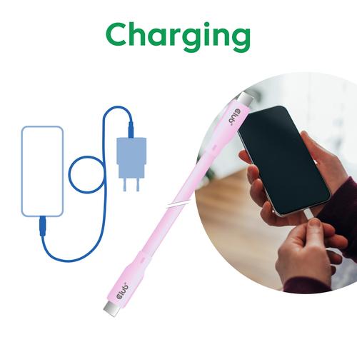 CLUB3D USB C oplaadkabel roze siliconen & tangle-free