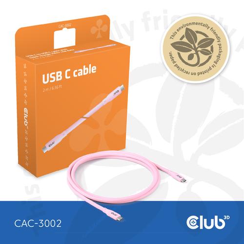 CLUB3D USB C oplaadkabel roze siliconen & tangle-free