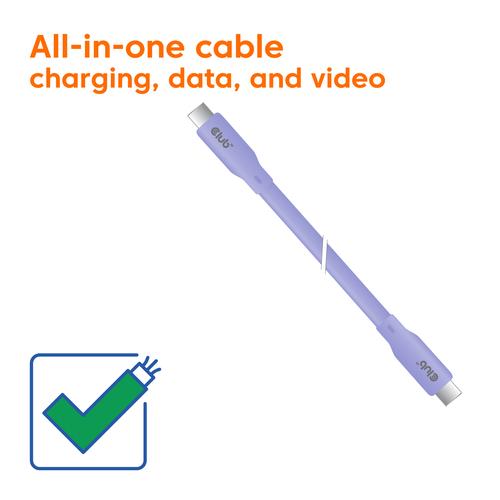 CLUB3D USB C oplaadkabel paars siliconen & tangle-free