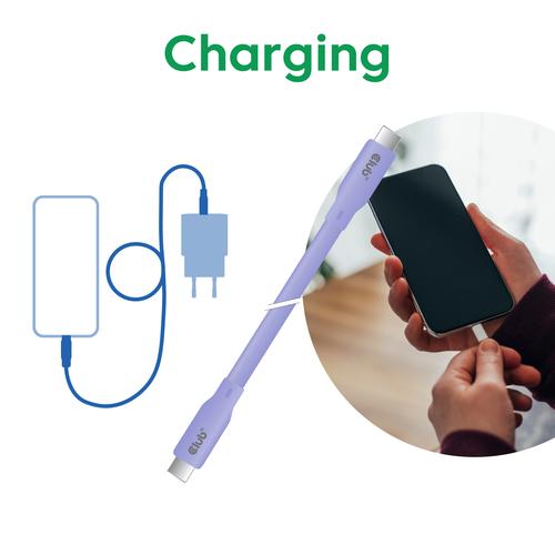 CLUB3D USB C oplaadkabel paars siliconen & tangle-free