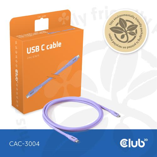 CLUB3D USB C oplaadkabel paars siliconen & tangle-free