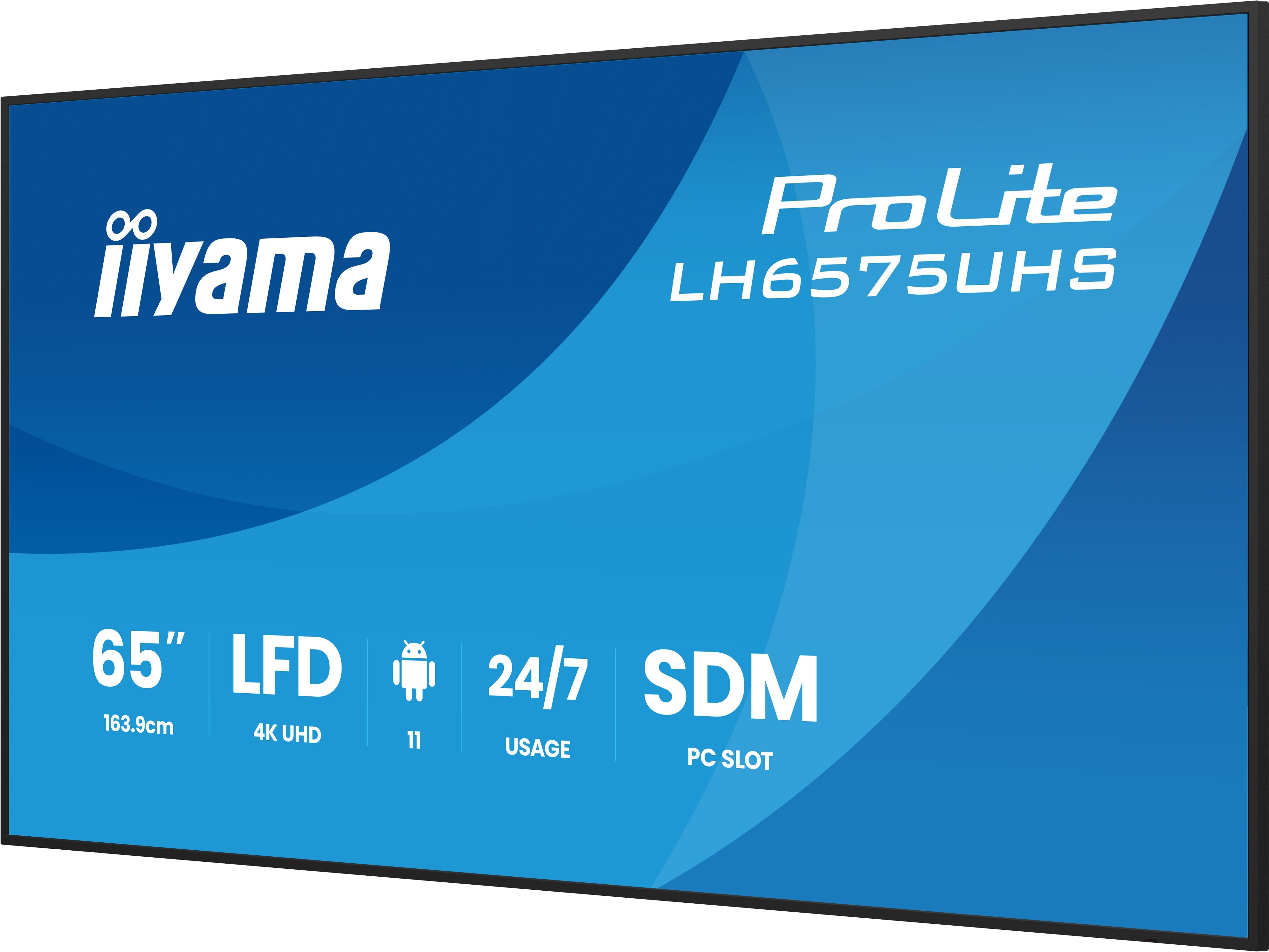 65iWIDE LCD 3840 x 2160 4K UHD IPS panel LED Bl. Metal front bezel Fan-less Speakers Multiple In-/Outputs (HDMI(3x) DisplayPort DisplayPort-Out and more) 500 cd