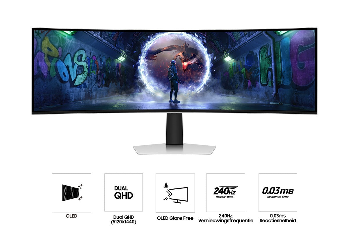 49i / OLED Curved 1800R / 32:9 / 5120x1440 / 250cd/m2 / HDR10+ / 0 03ms/ 240hz / HAS / Speakers