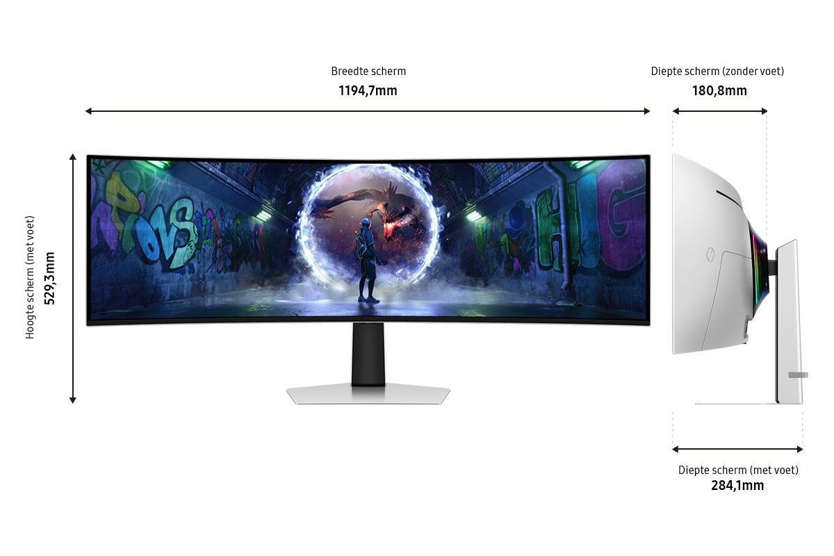 49i / OLED Curved 1800R / 32:9 / 5120x1440 / 250cd/m2 / HDR10+ / 0 03ms/ 240hz / HAS / Speakers