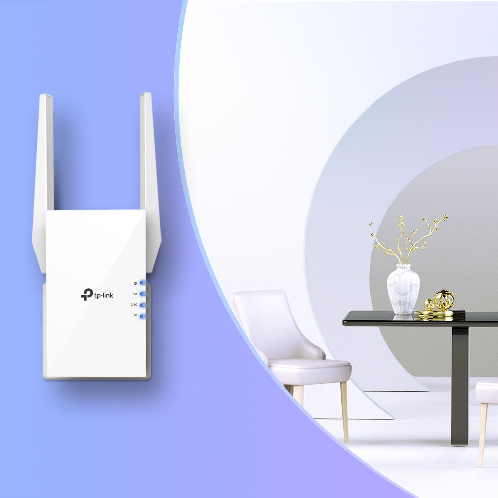 AX1500 Wi-Fi 6 Range Extender Broadcom 1.5GHz Tri-Core CPU Wall Plugged 2 external antennas 1 Gigabit Port 1201Mbps at 5GHz + 300Mbps at 2.4GHz Range Extender