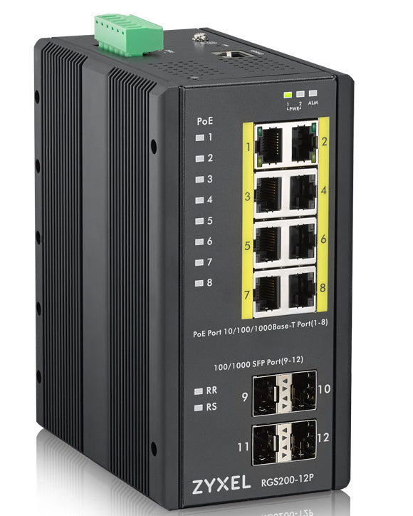 RGS200-12P 12 Port managed PoE Switch 240 Watt PoE DIN Rail IP30 12-58V DC