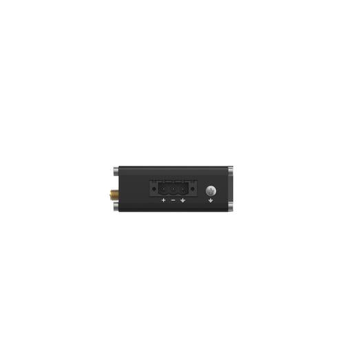 Compact industrial Ethernet router equipped with two Ethernet ports DIN rail bracket and an industrial 3-pin connector.