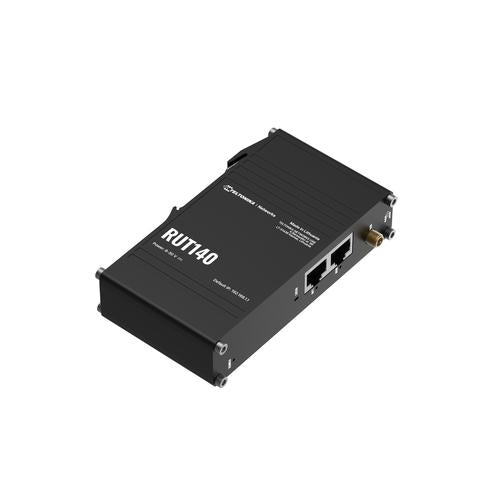 Compact industrial Ethernet router equipped with two Ethernet ports DIN rail bracket and an industrial 3-pin connector.