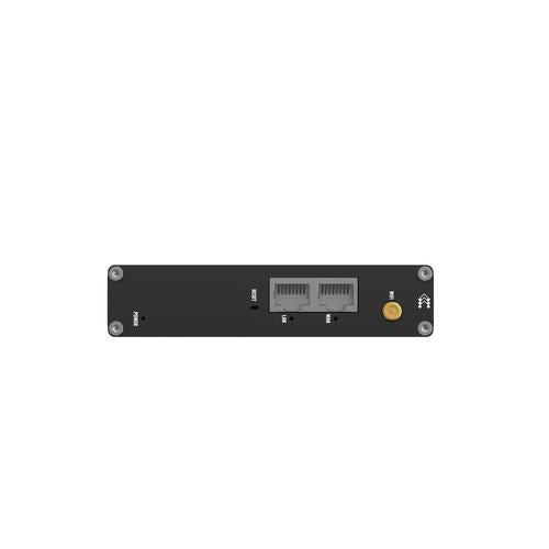 Compact industrial Ethernet router equipped with two Ethernet ports DIN rail bracket and an industrial 3-pin connector.