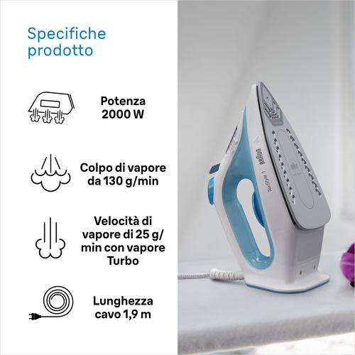Braun TexStyle 1 SI1050BL Stoomstrijkijzer Keramische zoolplaat 2000 W Blauw, Wit