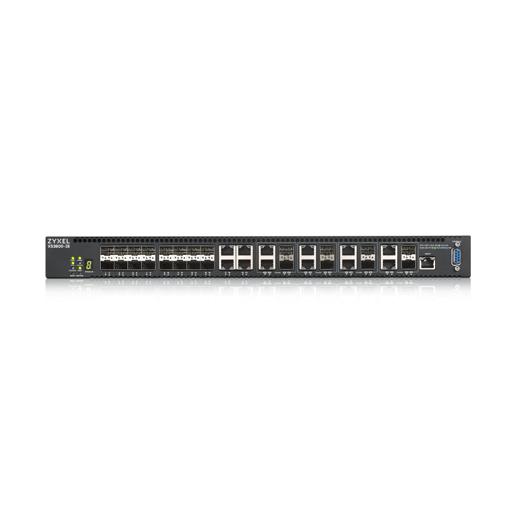 Zyxel XS3800-28  28-port 10GbE L2+ Switch  MultiGig  12x 10G Copper  8x 10G dual pers.  8x 10G SFP+. Dual PSU