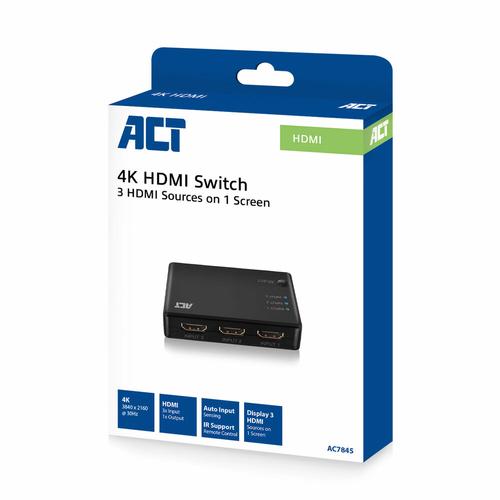 ACT 3 x 1 HDMI switch 4K@60Hz USB powered incl remote control