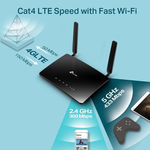 TP-Link AC750 Wireless Dual Band 4G LTE Router Modem  3x 10/100Mbps LAN  10/100Mbps LAN/WAN  300Mbps 2.4GHz  433Mbps 5GHz 3 int. WiFi antenna  2 detachable LTE antenna