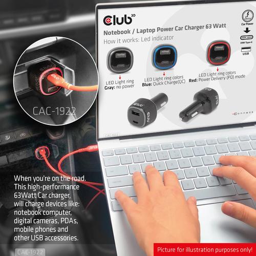 Club 3D Notebook / Laptop Power Car Charger 63 Watt/ 1USB A + 1USB C