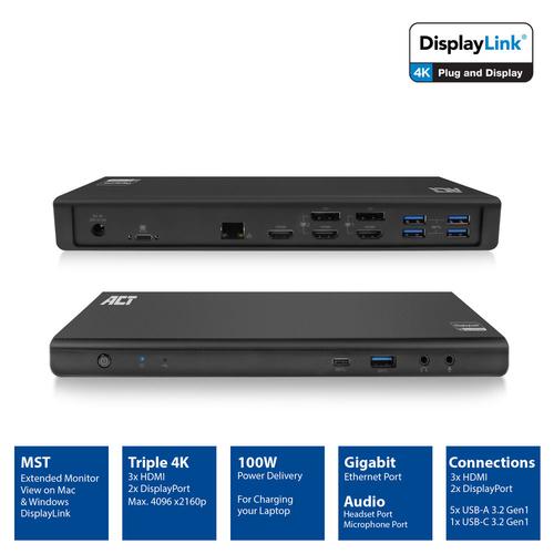 ACT Docking DisplayLink 4K @60Hz USB-C - 3 x HDMI / 2 x DisplayPort / Gigabit Ethernet / 5 x USB-A 3.2 / 2 x USB-C / Audio in-out 135W power supply included