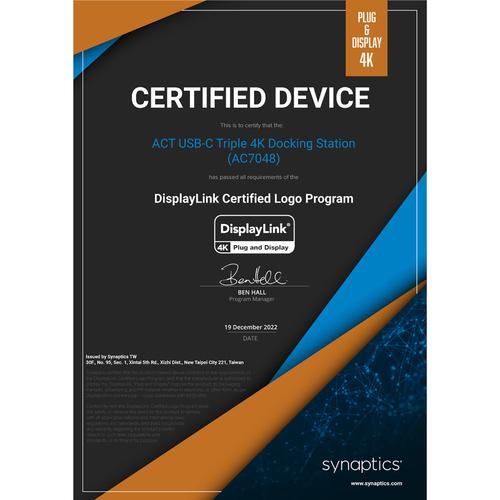 ACT Docking DisplayLink 4K @60Hz USB-C - 3 x HDMI / 2 x DisplayPort / Gigabit Ethernet / 5 x USB-A 3.2 / 2 x USB-C / Audio in-out 135W power supply included